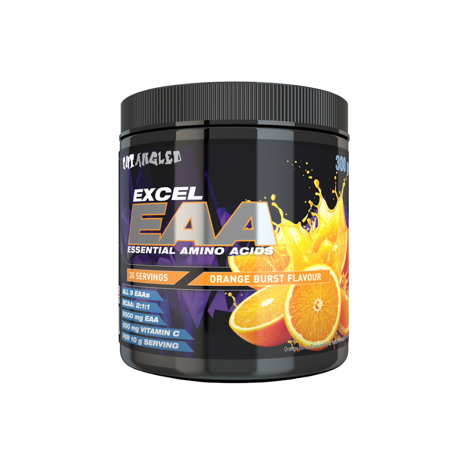 Excel EAA supplement container with orange flavor on a white background